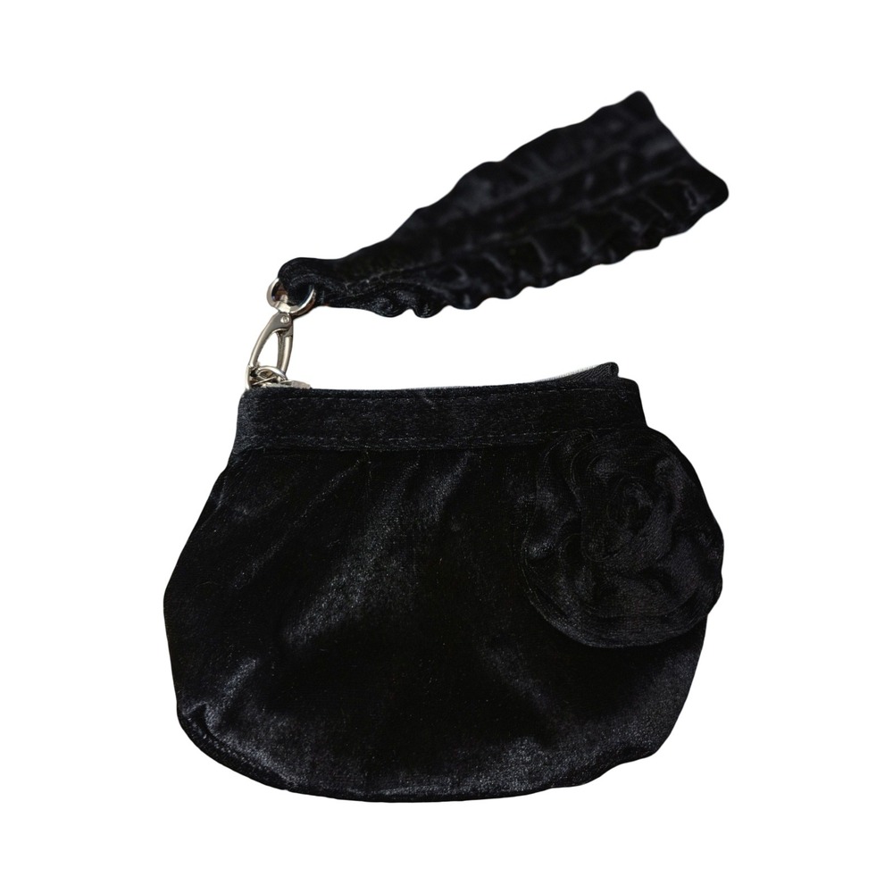 Betseyville Betsey Johnson Black Velvet Rose Wristlet Pouch Pink Lining